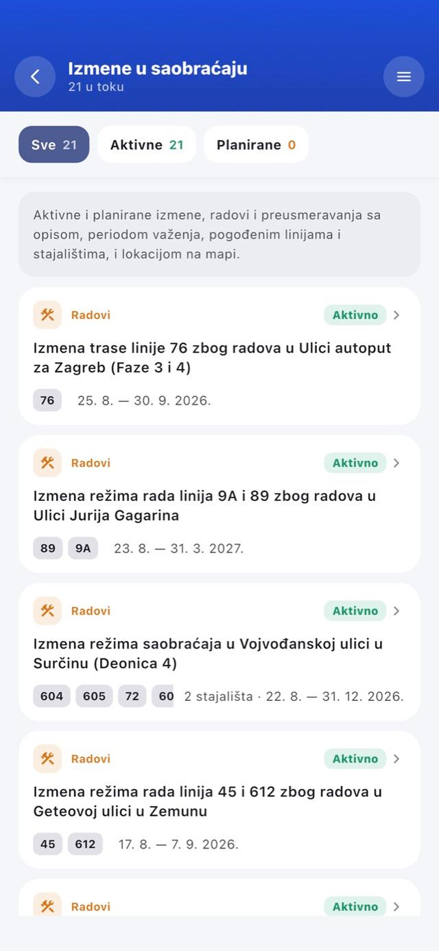 busevi.rs app — Izmene u saobraćaju, bez traženja